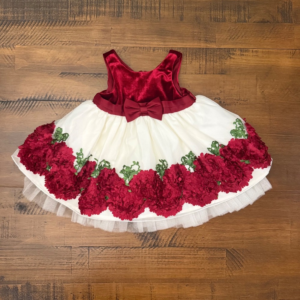 American Princess Baby Girl Burgundy Velvet Cream Tulle Floral Dress 9M